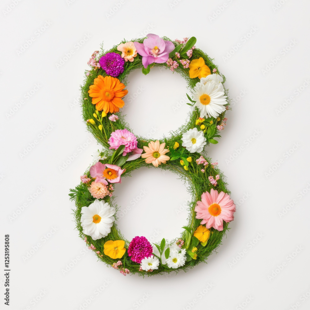 Floral number 8 decorated with vibrant flowers and green grass, symbolizing celebration and joy. Perfect for birthdays or special occasions Floral number 8 decorated with vibrant flowers and green grass, symbolizing celebration and joy. Perfect for birthdays or special occasions