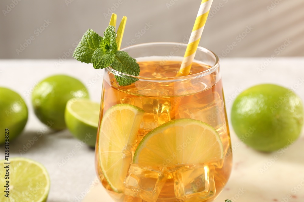 Fototapeta premium Refreshing iced tea with slices of lime, mint and drinking straw in glass on light table, closeup