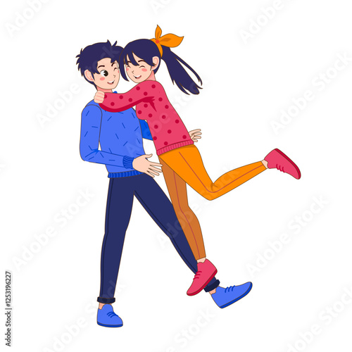 Couple of happy young man and woman hugging. joyful teen boyfriend and girlfriend embracing. Flat cute cartoon vector illustration