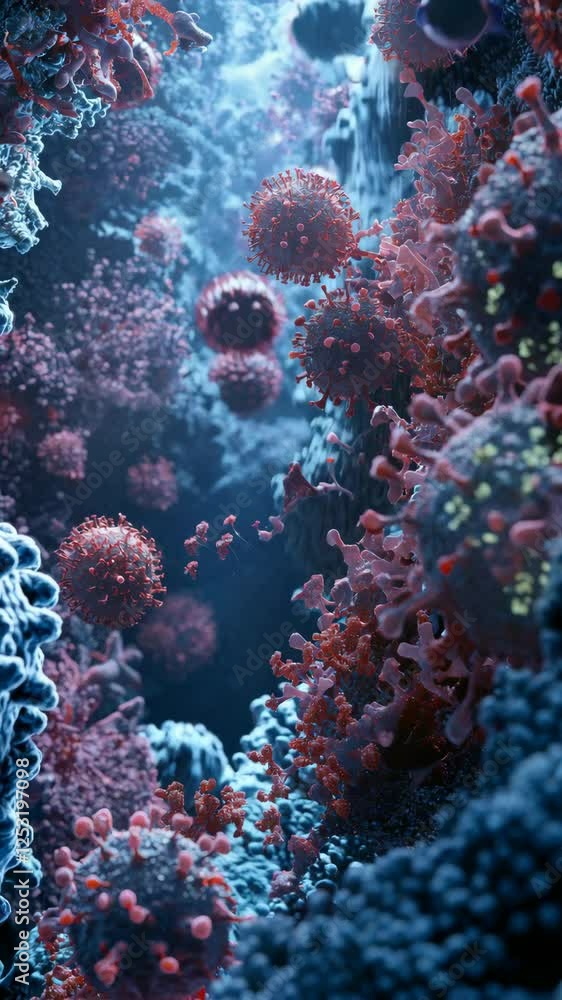 Microscopic visualization revealing coronavirus particles drifting through intricate human body systems, highlighting viral movement and biological interaction Microscopic visualization revealing coronavirus particles drifting through intricate human body systems, highlighting viral movement and biological interaction