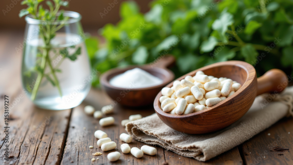 Fototapeta premium Bowl with magnesium glycinate, ready to prepare a healthy meal on wooden table with fresh herbs and water glass.