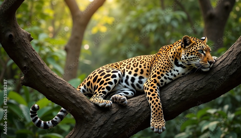 Fototapeta premium Jaguar Resting Serenely on Tree Branch in Lush Green Forest