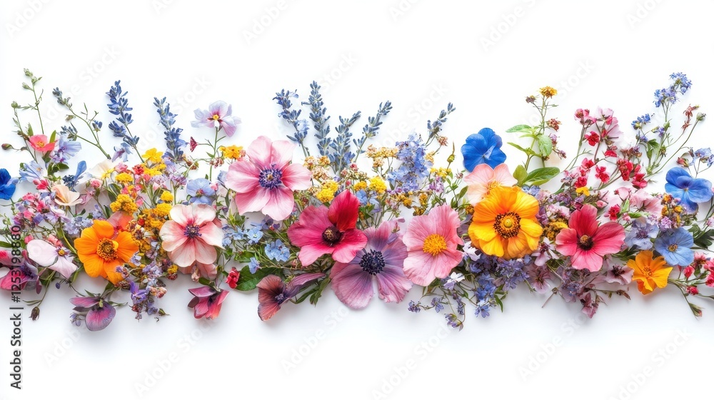 Vibrant wildflowers arranged in a row, showcasing diverse colors and textures. Perfect for spring/summer themes, greeting cards, or floral designs.