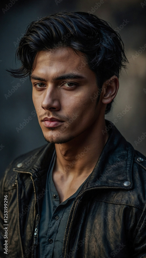 Obraz premium Handsome young man with black hair, cool and masculine appearance.