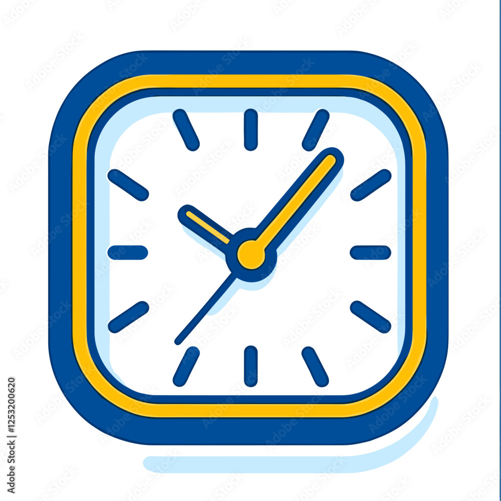 Square analog clock icon in blue and yellow. Square analog clock icon in blue and yellow.
