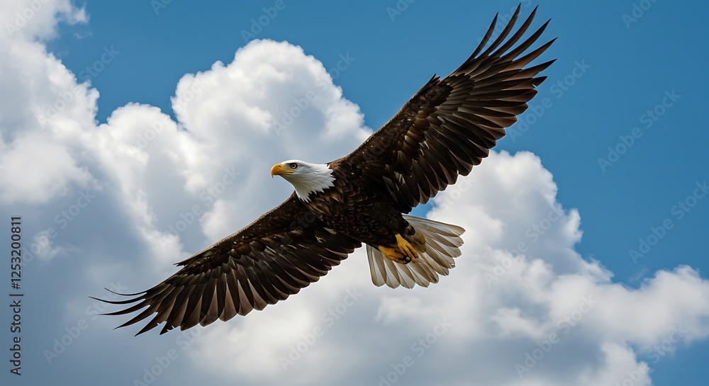 Obraz premium Majestic Bald Eagle Flying Freely Against a Cloudy Blue Sky