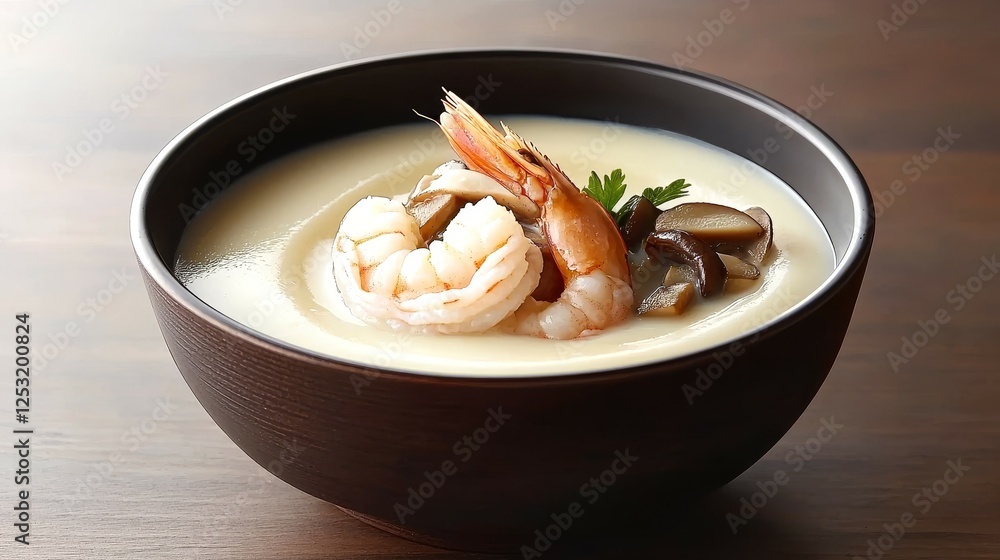 Famous Food of Japanese concept. Creamy shrimp soup served in a black bowl, garnished with mushrooms and herbs. Famous Food of Japanese concept. Creamy shrimp soup served in a black bowl, garnished with mushrooms and herbs.