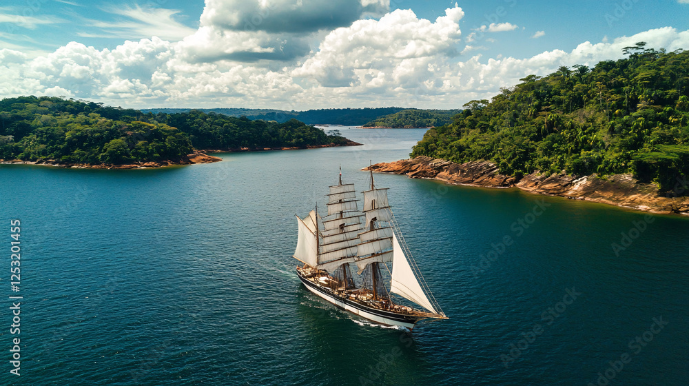 Obraz premium Elegant tall ship with full sails gliding through tranquil waters surrounded by green islands and a bright sky 