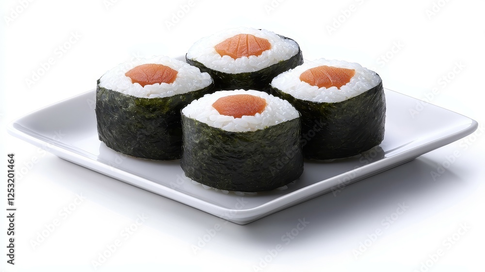 Famous Food of Japanese concept. Fresh sushi rolls served on a white plate with salmon topping. Famous Food of Japanese concept. Fresh sushi rolls served on a white plate with salmon topping.