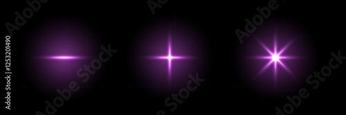 Sparkle lights with flare effect. Purple glared glow stars of different shapes on black background. Flash of light with ray beams in space. Abstract futuristic vector illustration set.