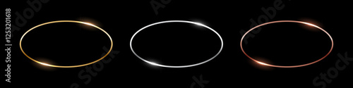 Gold, silver and bronze oval frames. Horizontal thin metal ellipse photo or picture frames isolated on black background. Simple object mockup. 3d abstract empty template vector illustration set.