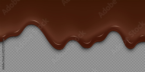 Dripping chocolate on transparent background. Glossy melted dark cream texture with smooth curves and highlights for dessert decoration. Food design. Realistic 3d vector illustration.
