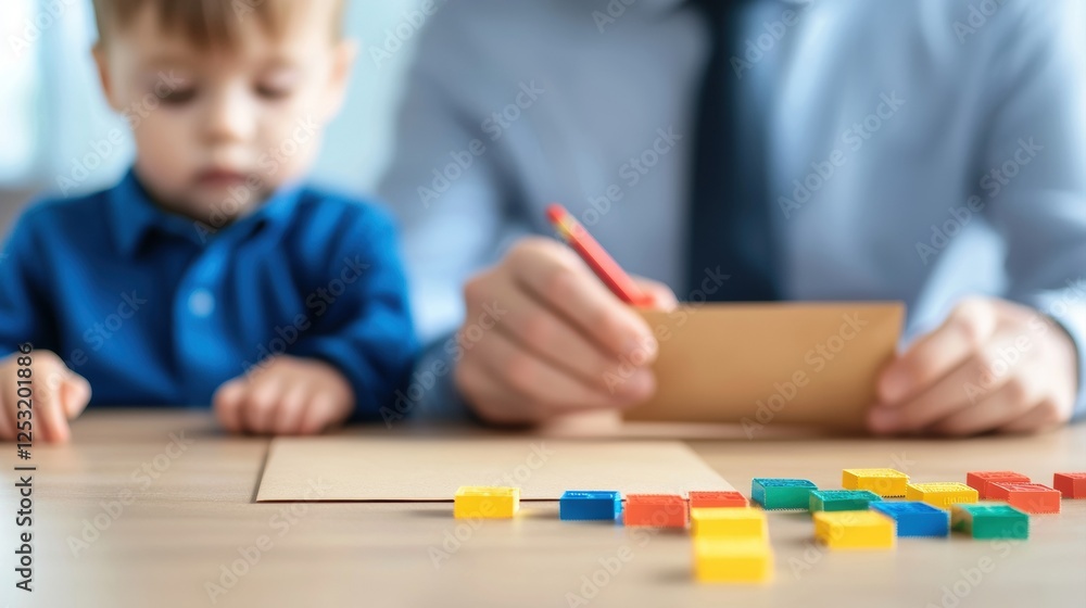 Child Learning with Parent, Colorful Blocks and Creative Activities at Home Child Learning with Parent, Colorful Blocks and Creative Activities at Home
