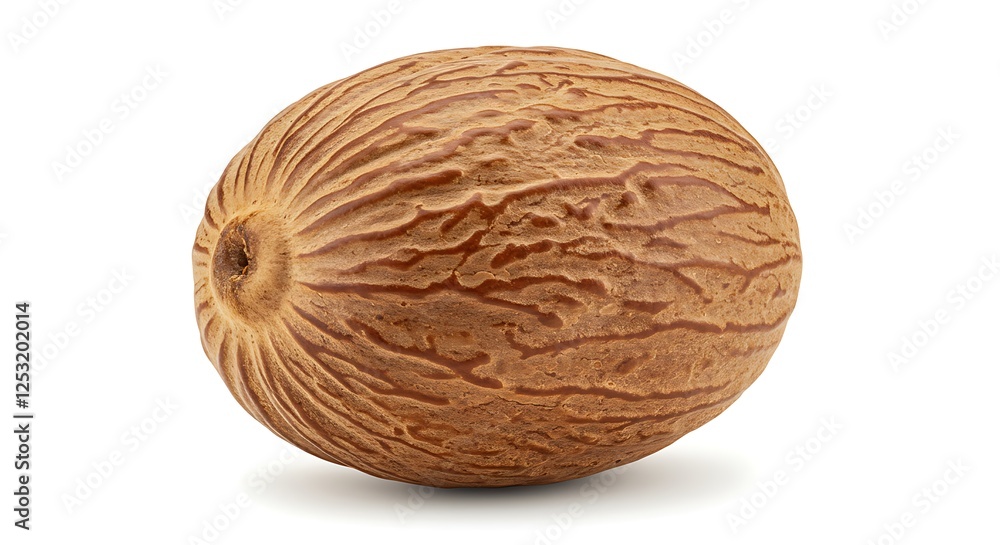 Single Nutmeg Spice Close-up on White Background for Culinary Uses Single Nutmeg Spice Close-up on White Background for Culinary Uses