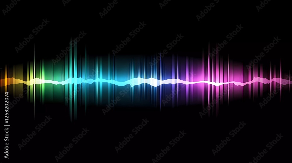 Abstract sound waves vector line art, isolated on a black background, with a gradient of blue, green, purple, and pink. 