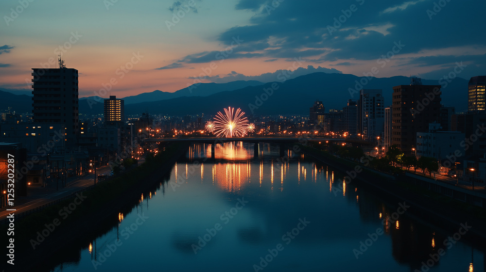 Fototapeta premium Beautiful Display of Colors at Nagaoka Fireworks Festival Illuminating the River and Skyline Under a Twilight Sky Filled With Wonder and Awe. Generative AI