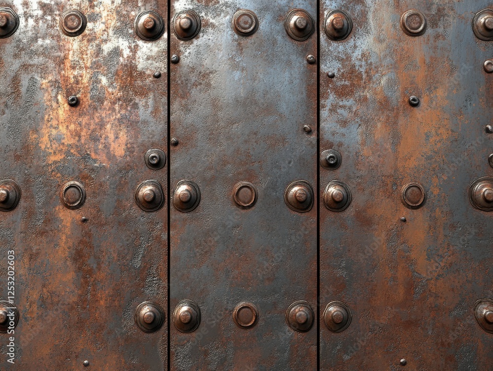Fototapeta premium Close-up of rustic metal door with rivets and patina