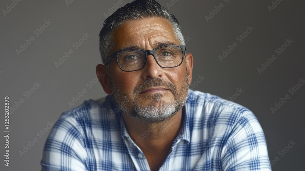 A man with glasses and a beard is sitting with his head tilted. He is wearing a blue plaid shirt A man with glasses and a beard is sitting with his head tilted. He is wearing a blue plaid shirt