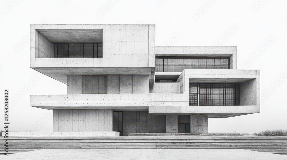 Modern concrete house, minimalist design, foggy landscape, architectural photography Modern concrete house, minimalist design, foggy landscape, architectural photography
