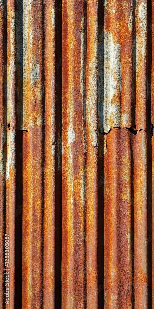 Rusty corrugated metal wall with weathered texture displayed Rusty corrugated metal wall with weathered texture displayed