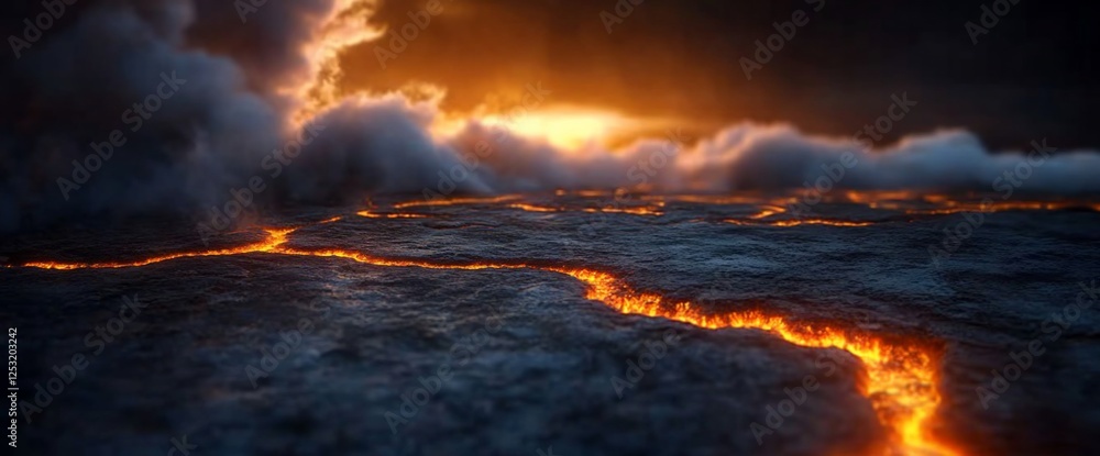 Fiery fissures carving a path through a dark, turbulent sea Fiery fissures carving a path through a dark, turbulent sea