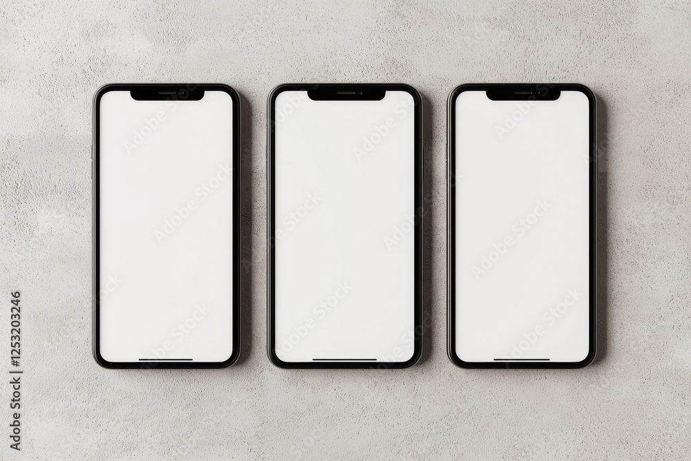 Mobile device mockups, blank screens, light grey background, business infographic, website and app design, contemporary and minimalist mockup set Mobile device mockups, blank screens, light grey background, business infographic, website and app design, contemporary and minimalist mockup set