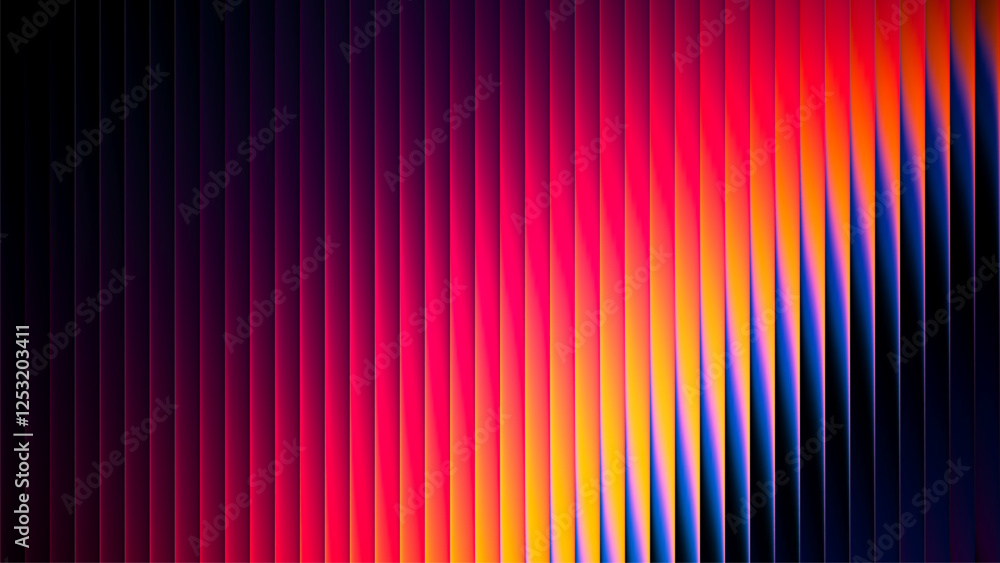 Abstract ribbed fractal glass texture effect with bright smooth fluted vertical lines of colorful gradient. Bold and dynamic design blending bright colors and geometry for modern visual art project