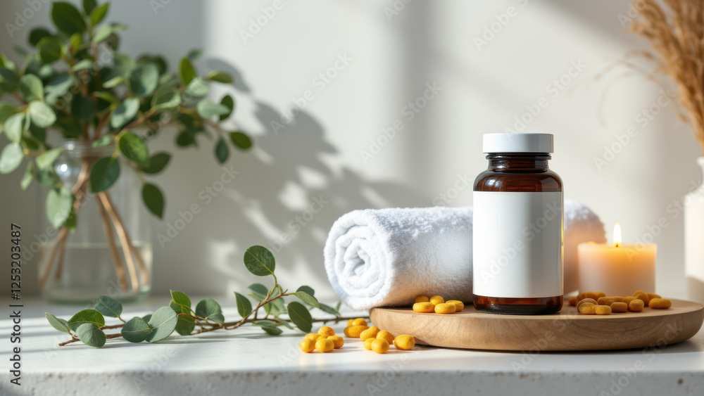 Magnesium glycinate supplement bottle on a wooden tray with yellow-orange fruit slices. Magnesium glycinate supplement bottle on a wooden tray with yellow-orange fruit slices.