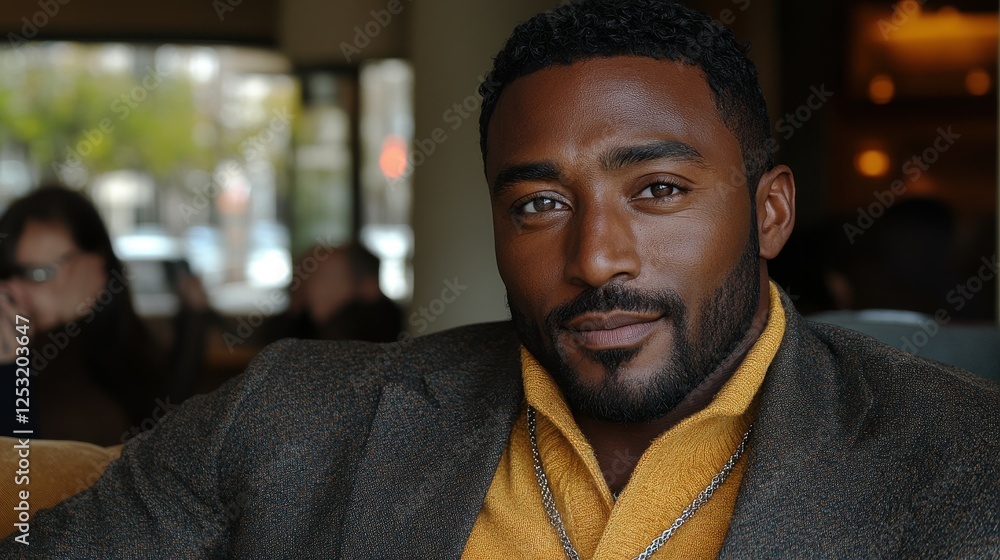 A man in a suit and yellow shirt sits on a couch. He has a beard and is wearing a necklace A man in a suit and yellow shirt sits on a couch. He has a beard and is wearing a necklace