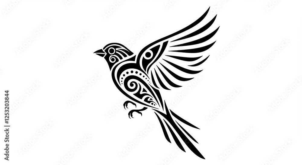 Obraz premium Stylized black bird with intricate tribal patterns, soaring against a white background, symbolizing freedom