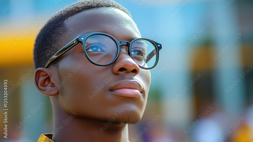 A young man with glasses is looking up at the sky. He has a serious expression on his face A young man with glasses is looking up at the sky. He has a serious expression on his face