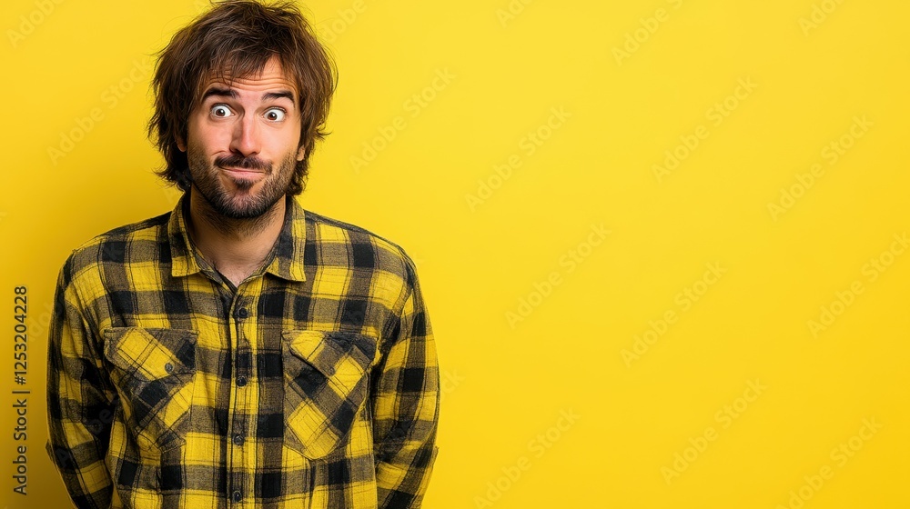 Fototapeta premium A man with a plaid shirt and a beard is looking at the camera with a surprised expression
