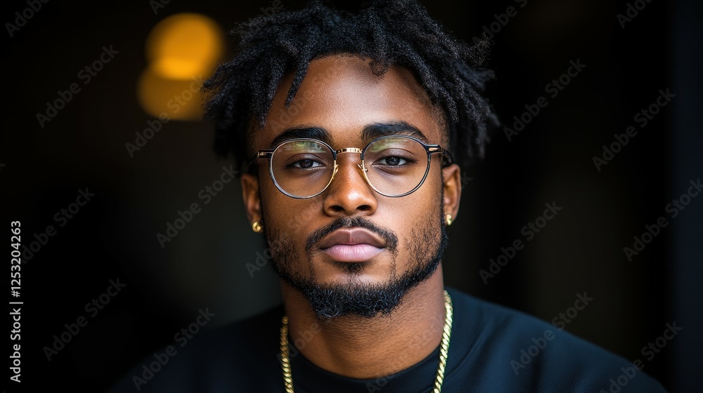 Fototapeta premium A man with glasses and a beard is standing in front of a dark background. He is wearing a black shirt and a gold chain