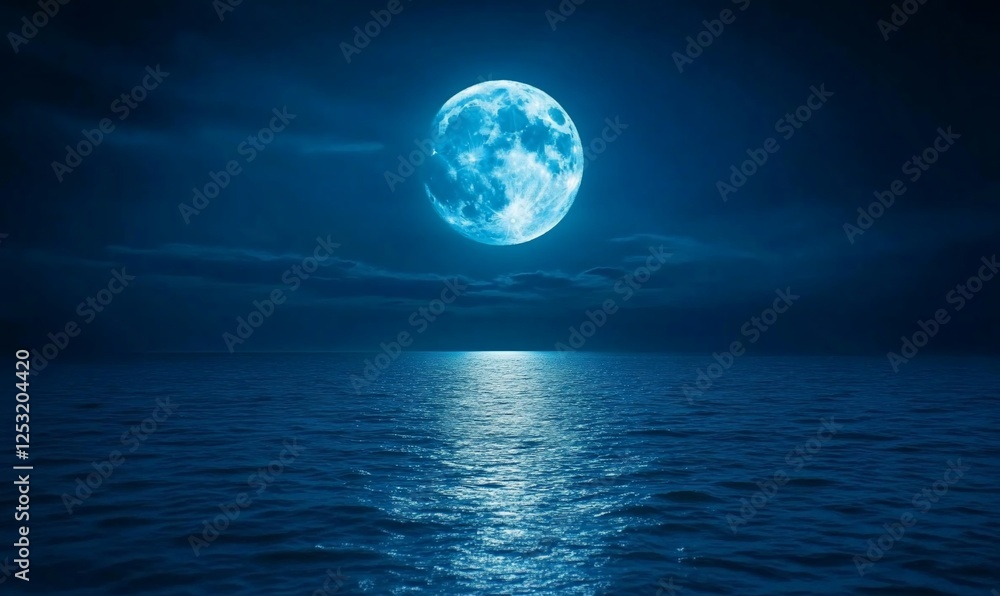 Mystical Moonlight Serenade, A Tranquil Ocean Scene Under a Blue Moon Mystical Moonlight Serenade, A Tranquil Ocean Scene Under a Blue Moon