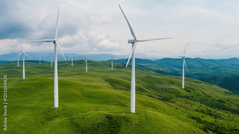 Aerial view of wind turbines in green landscape, showcasing renewable energy and nature beauty. vast fields and rolling hills create serene atmosphere Aerial view of wind turbines in green landscape, showcasing renewable energy and nature beauty. vast fields and rolling hills create serene atmosphere