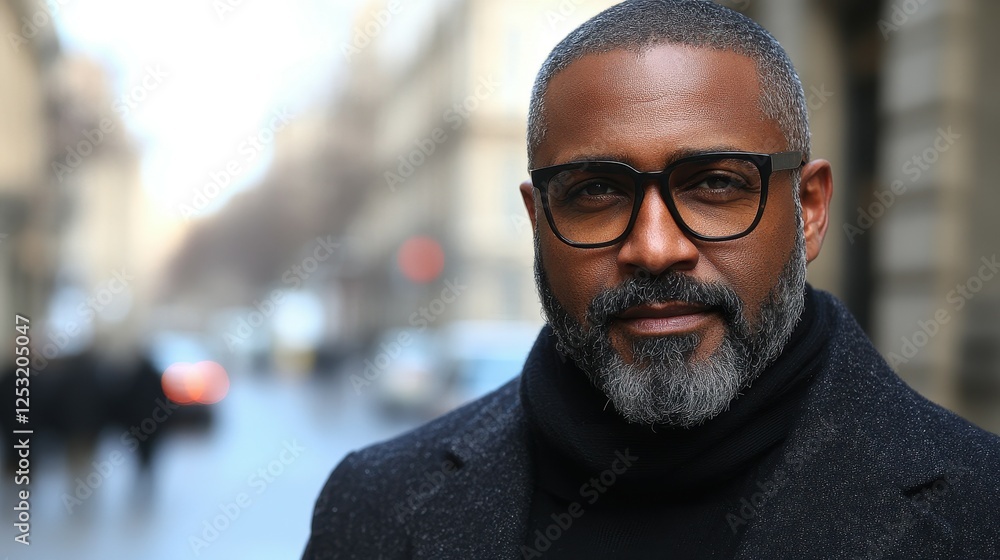A man with glasses and a beard is standing on a street. He is wearing a black coat and a scarf A man with glasses and a beard is standing on a street. He is wearing a black coat and a scarf