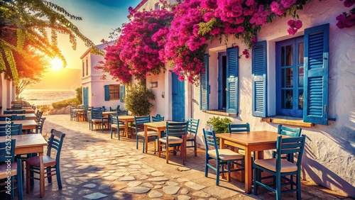 Vintage Greek Beach Cafe: Sun-Drenched Idyll, Cycladic Architecture, Coastal Serenity