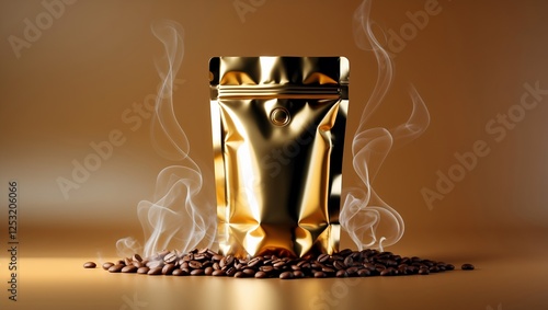 Wallpaper Mural Coffee Packaging with Steam. This image showcases a golden stand-up pouch, designed for coffee packaging Torontodigital.ca
