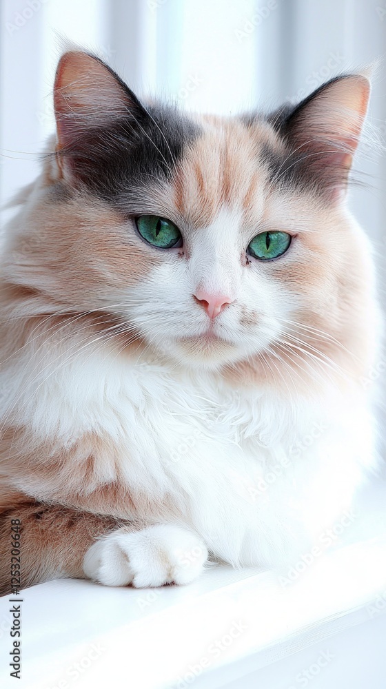 Calico Cat with Green Eyes Sitting by Window Calico Cat with Green Eyes Sitting by Window