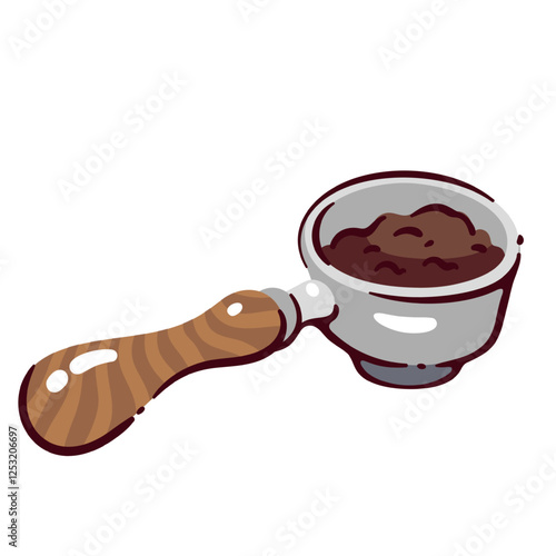 Coffee cartoon portafilter for coffee machine. Funny accessory for hot morning drink brewing. Barista equipment, coffeemaker mascot, cartoon cute device with wooden handle vector illustration