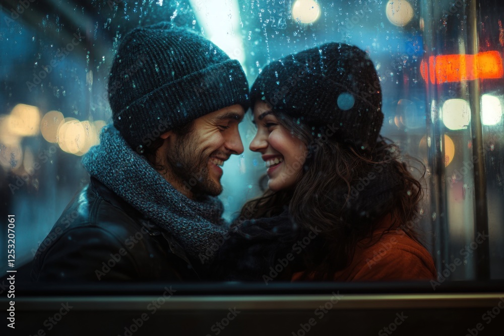 couple in love, wearing winter and hats, look at each other and smile on the bus during the snow & rain, with city lights behind them. couple in love, wearing winter and hats, look at each other and smile on the bus during the snow & rain, with city lights behind them.