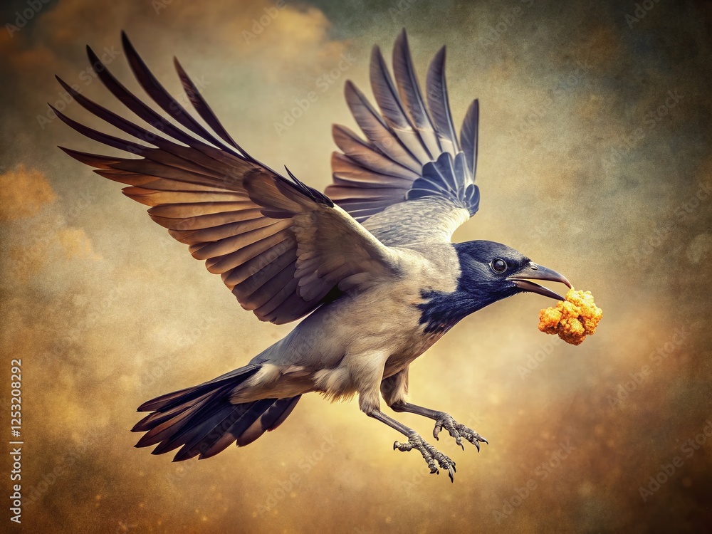 Obraz premium Vintage Photo: Grey Crow in Flight, Wings Folded, Beak Full of Food