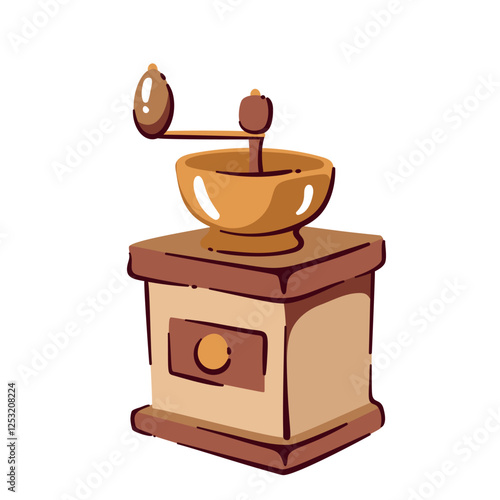 Manual cartoon coffee grinder. Funny vintage machine with wooden case and mill to grind coffee beans into powder. Barista equipment mascot, cartoon cute brown retro kitchen tool vector illustration
