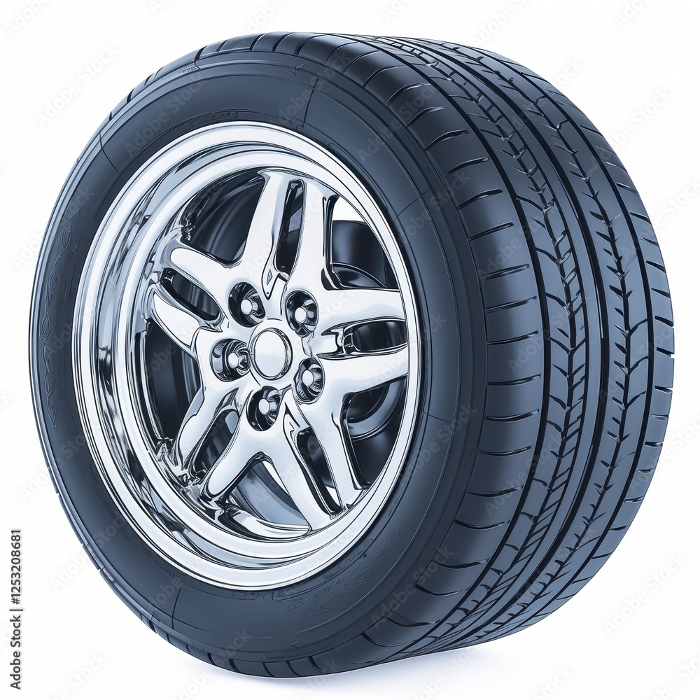 Chrome Alloy Wheel with Performance Tire Modern Car Rim Isolated on White Background Chrome Alloy Wheel with Performance Tire Modern Car Rim Isolated on White Background
