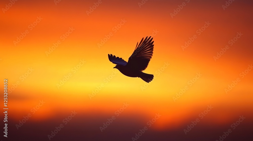 Obraz premium Silhouette Of A Bird Soaring In Sunset Sky