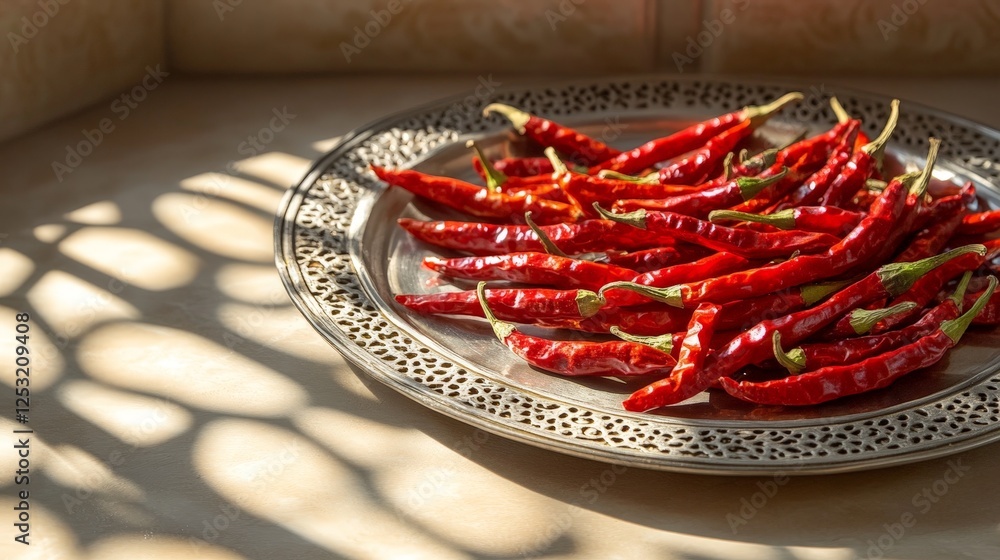 A plate of dried red chilies casting shadows on a surface. A plate of dried red chilies casting shadows on a surface.