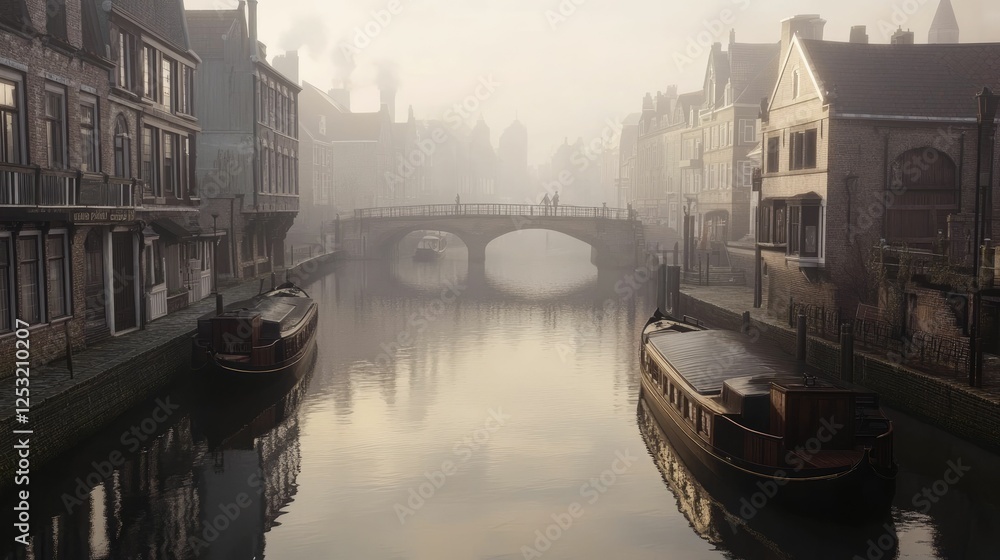 Fototapeta premium Foggy canal, old buildings, bridge, boats.