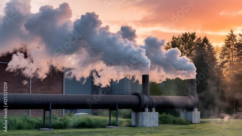 Factory Pipelines Emitting Thick Steam in Natural Setting