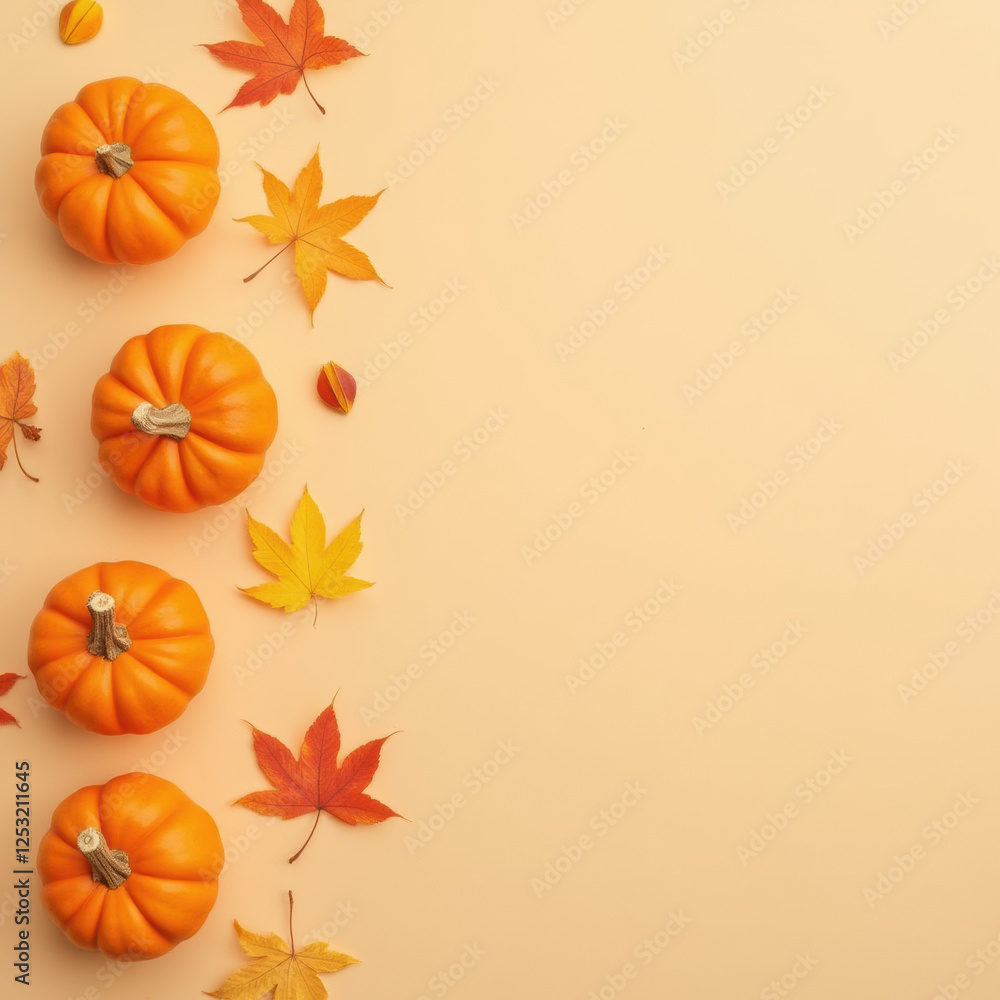 Autumn pumpkins and colorful leaves on beige background create cozy fall atmosphere Autumn pumpkins and colorful leaves on beige background create cozy fall atmosphere