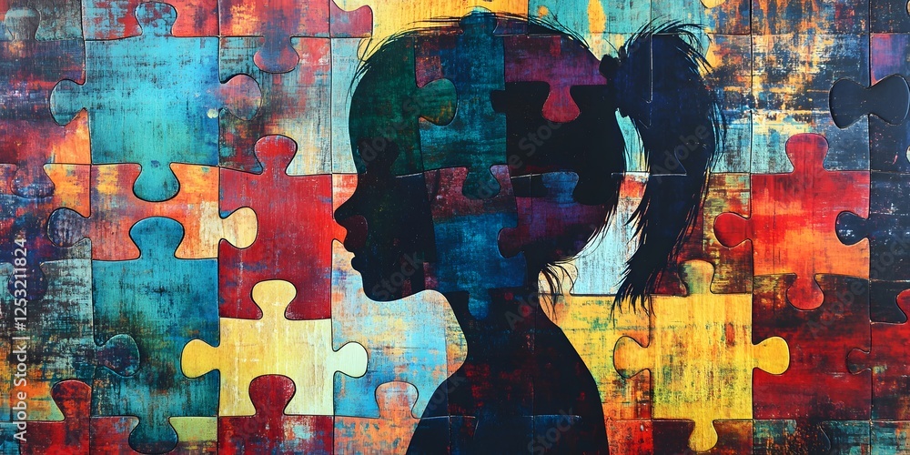 Naklejka premium Colorful Puzzle Background Featuring Silhouette of a Young Girl